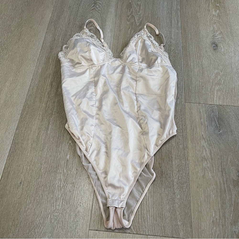 Cream Colored Vintage Lace and Satin Bodysuit Lingerie